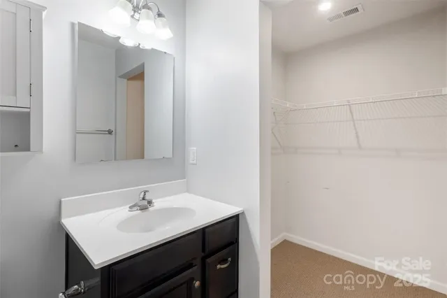 a bathroom with a sink vanity and a mirror