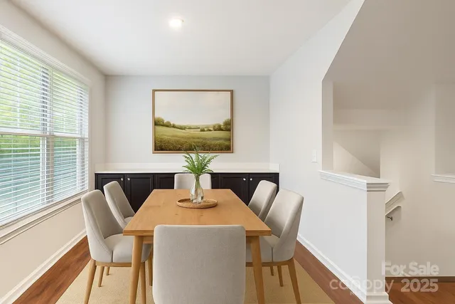 a view of a dining room with furniture window and wooden floor