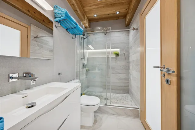 a bathroom with a sink a toilet and shower