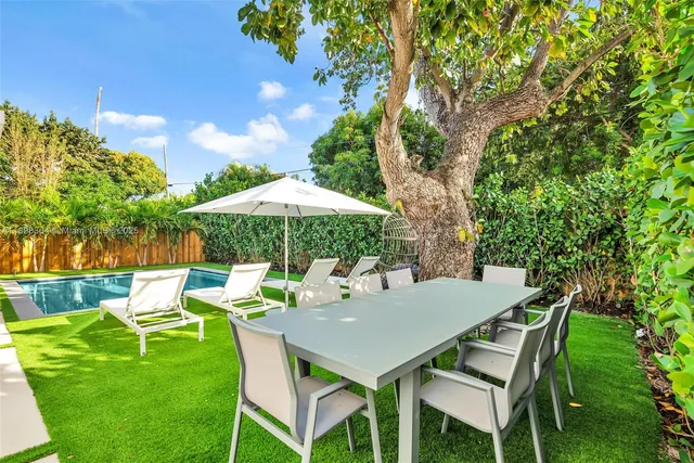 a patio with a table and chairs under an umbrella