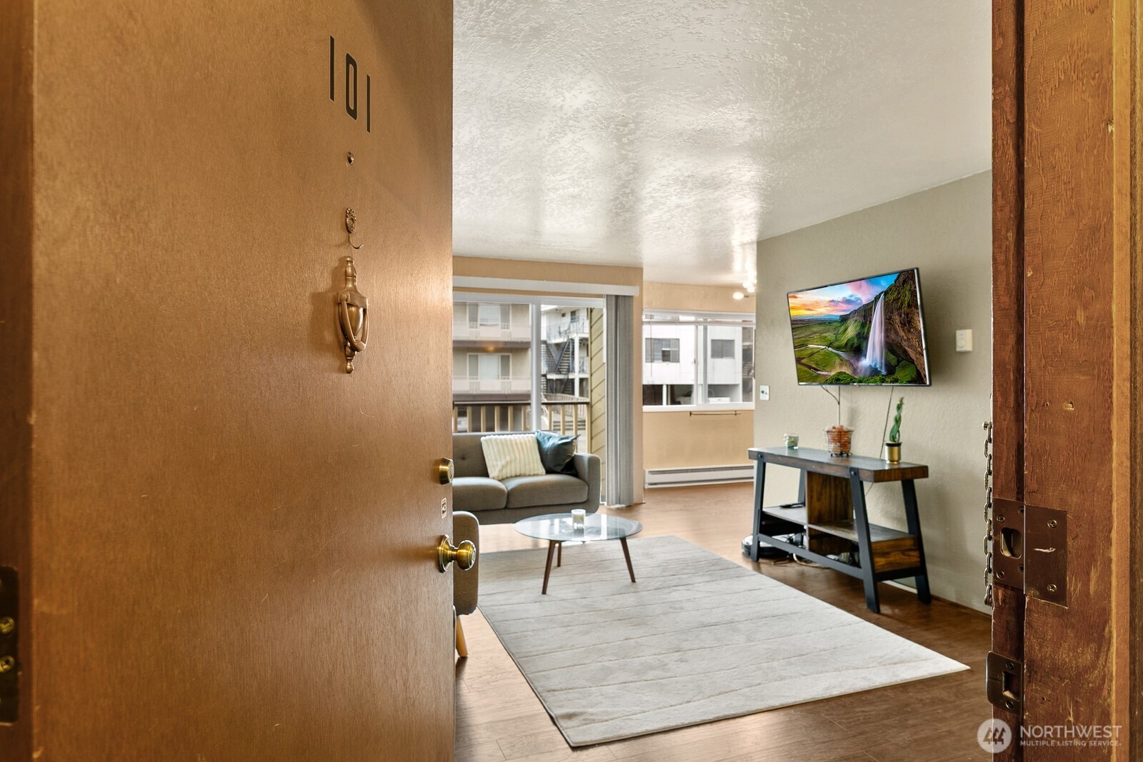 2031 Northwest 59th Street, Unit 101 Seattle, WA 98107 - Photo 4 of 22 a living room with furniture a rug and a flat screen tv