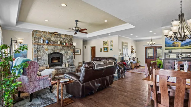 a living room with furniture a fireplace and a ceiling fan