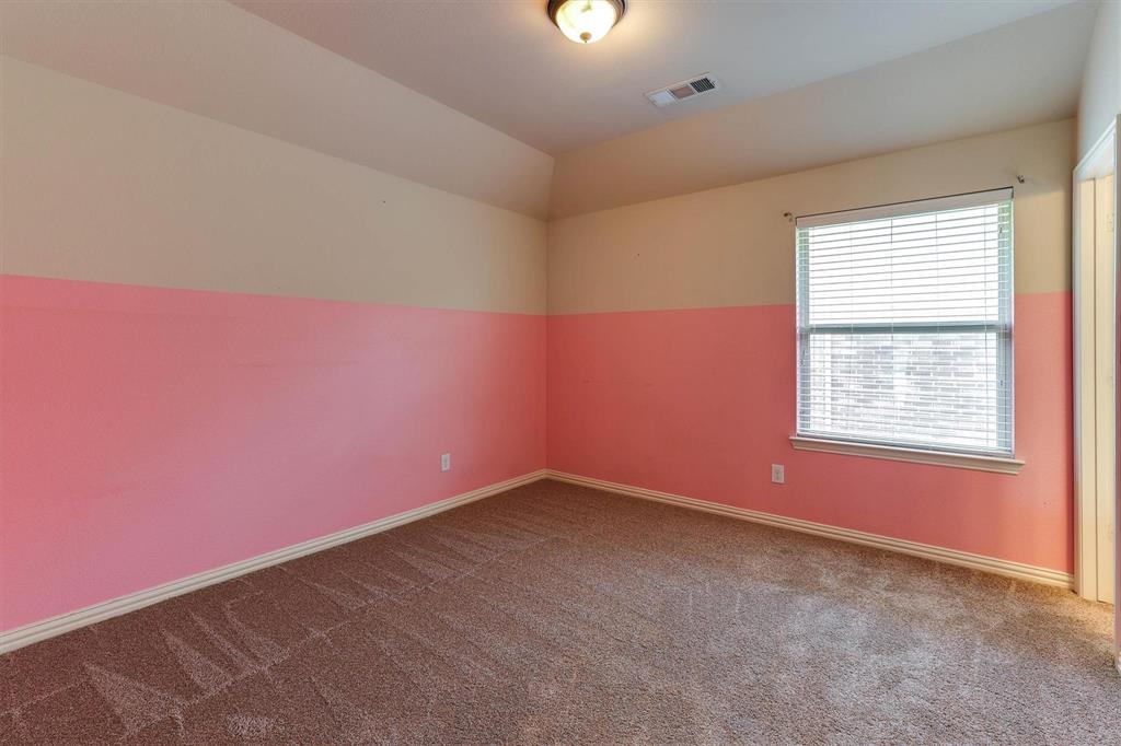 419 Rio Grande Drive Irving, TX 75039 - Photo 20 of 29 Carpeted room featuring a single window with blinds, ceiling-mounted light fixture, and two-tone wall paint