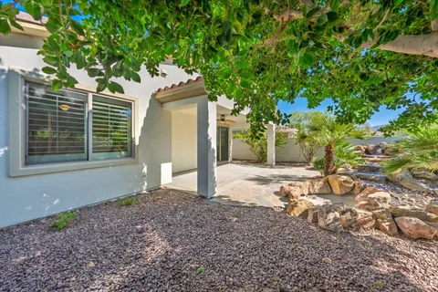 a backyard of a house with a tree
