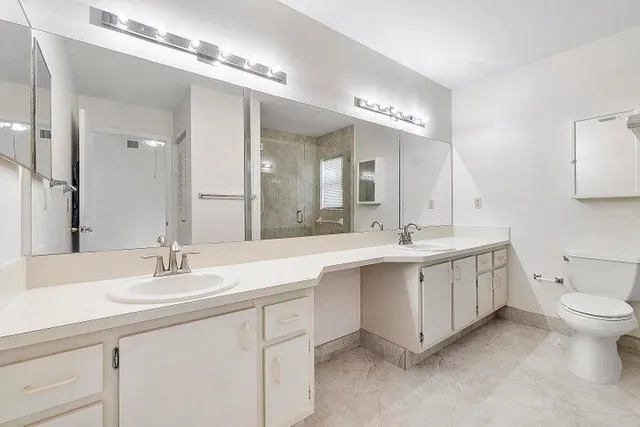 a bathroom with a double vanity sink mirror and toilet