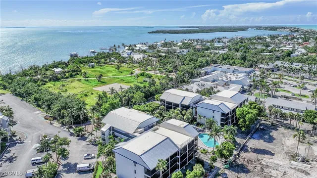 an aerial view of a house with a yard and potted plants
