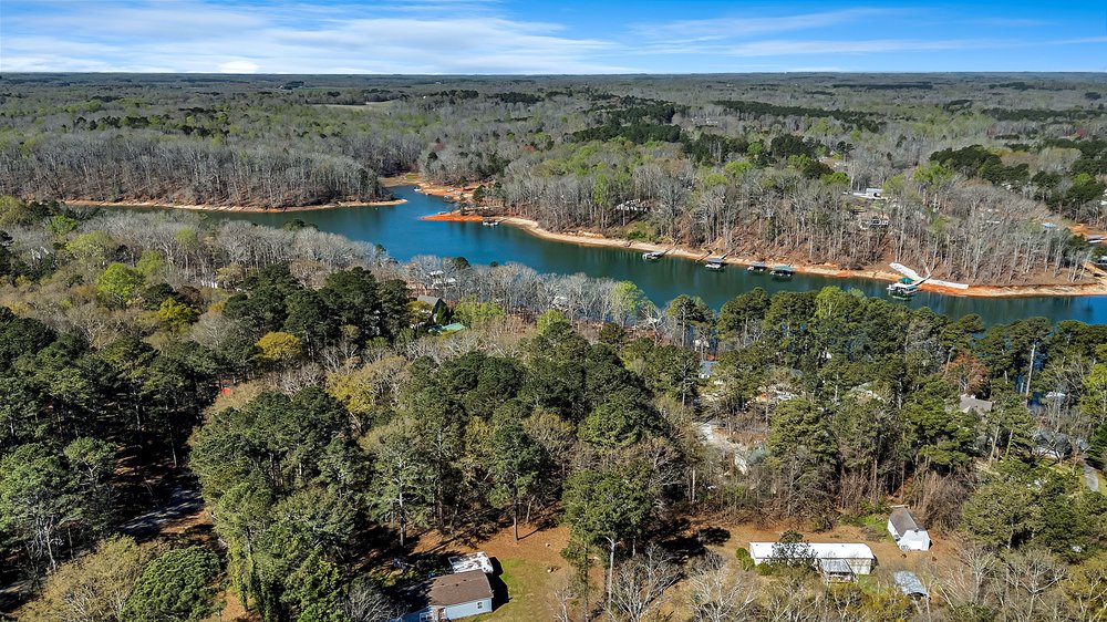 0 Cedar Grove Road Townville, SC 29689 - Photo 6 of 9 This aerial view showcases a serene lakefront setting surrounded by lush trees.