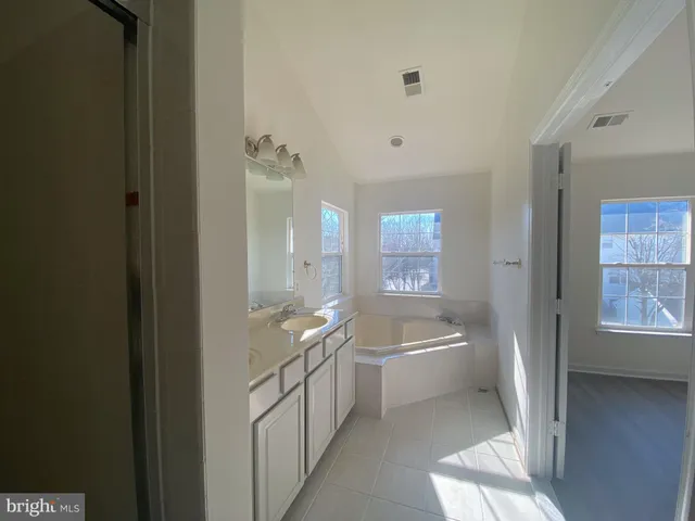 a bathroom with a tub a sink and a large mirror