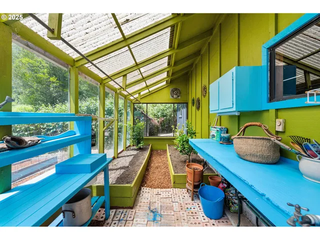 a view of a garage with storage