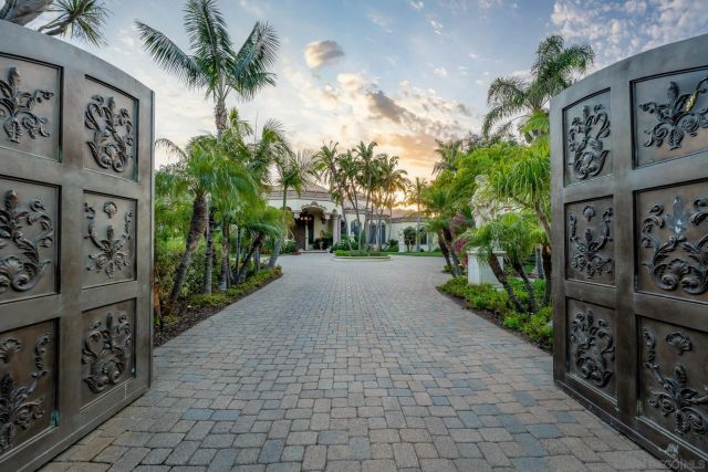 a view of a street with potted plants