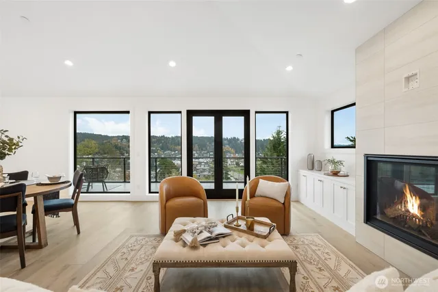 a living room with furniture and a table