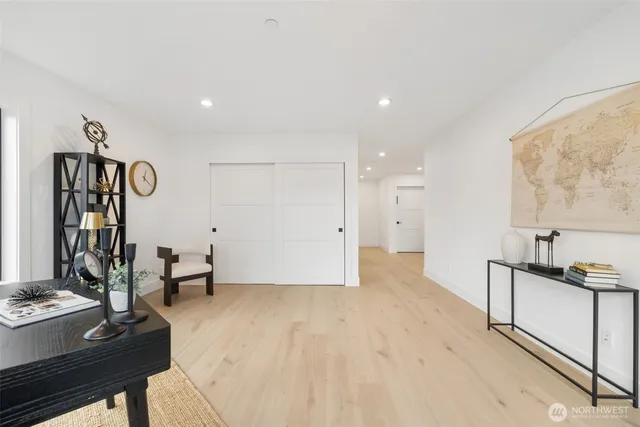 an aerial view of a house with a garden and trees
