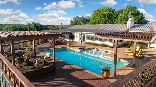 an outdoor space with seating area