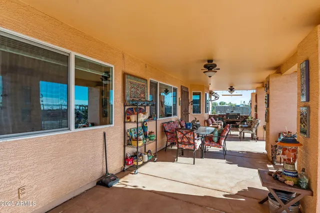 a building outdoor space with patio furniture