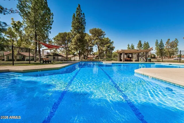 a view of a swimming pool with a garden