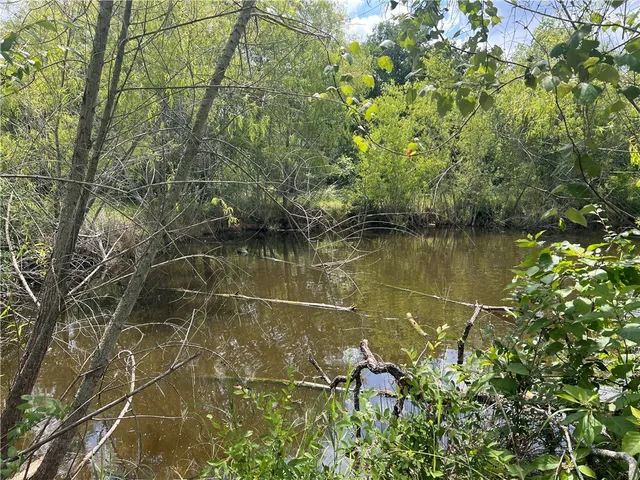 a backyard of a house with lots of green space and lake view