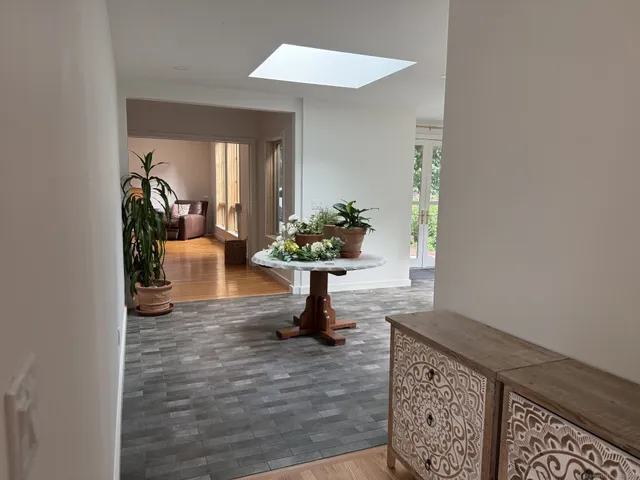 a living room with furniture and a potted plant