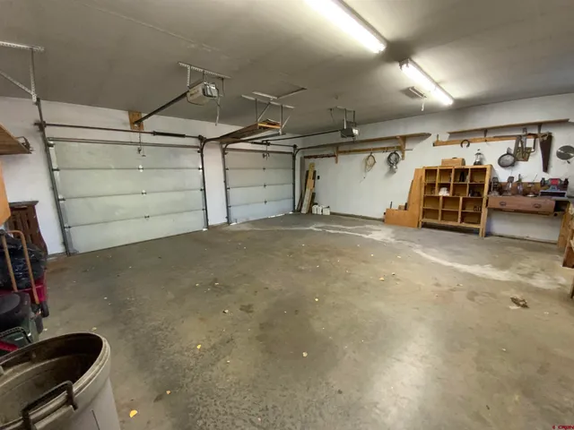 a view of a garage with storage