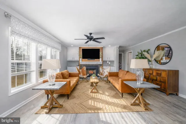 a living room with furniture a fireplace and a flat screen tv