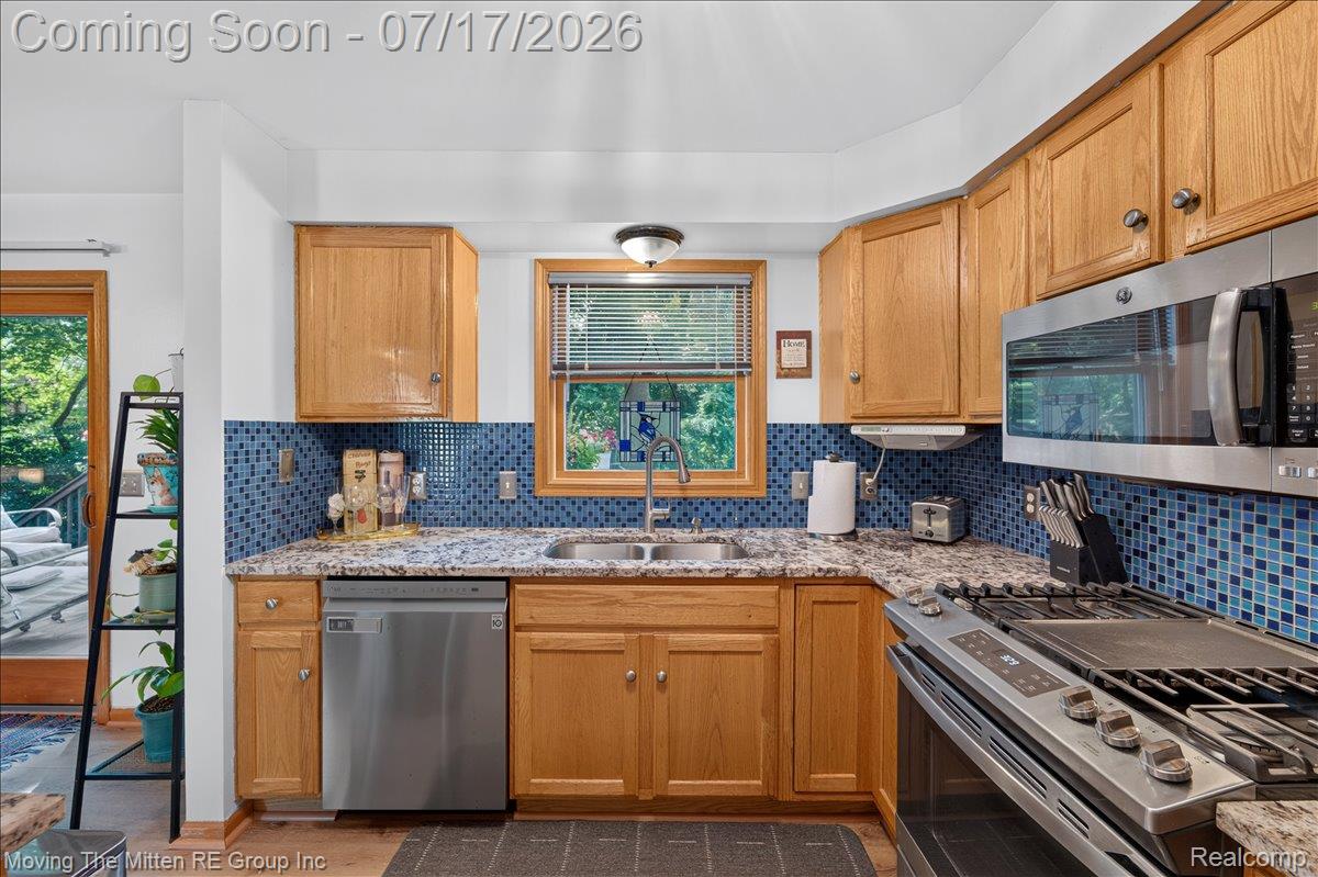 40162 Alden Road Belleville, MI 48111 - Photo 13 of 67 Kitchen featuring wood cabinetry, stainless steel appliances, speckled countertops, and a blue mosaic tile backsplash