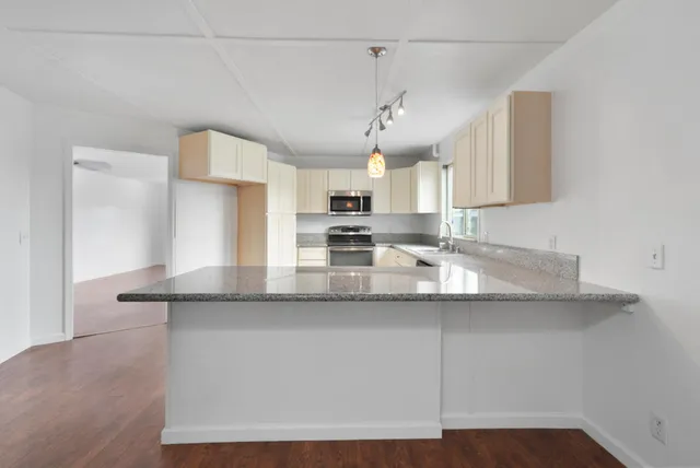 a kitchen with granite countertop a sink a counter space cabinets and stainless steel appliances