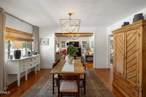 a view of a dining room with furniture window and wooden floor