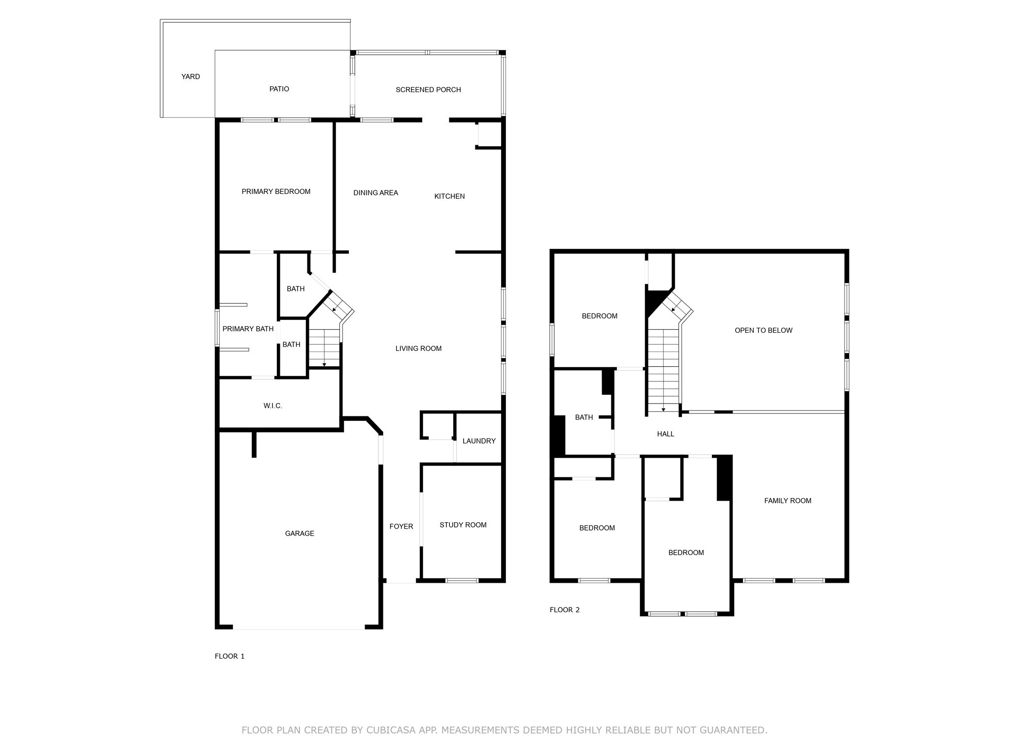 614 Pequin Road Crosby, TX 77532 - Photo 43 of 43 This is a two-story floor plan. The first floor features a primary bedroom with an en-suite bath and walk-in closet, a living room, dining area, kitchen, home office/study, additional half bath, and laundry area. It also includes a screened in patio and garage. The second floor has three additional bedrooms, a bath, and a family room open to below.
