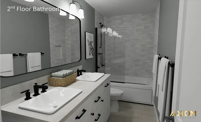a bathroom with a tub sink and mirror