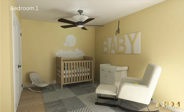 a living room with a bed and a dresser