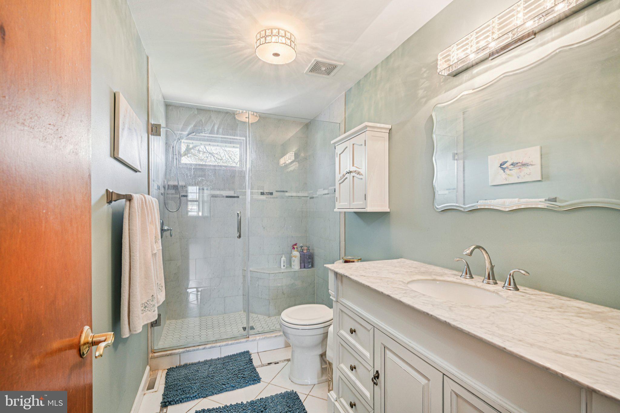 25618 Mt Pleasant Road Columbus, NJ 08022 - Photo 24 of 61 a bathroom with a granite countertop sink toilet a mirror and shower