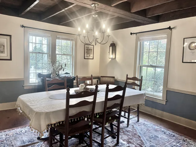 a view of a dining room with furniture window and outside view