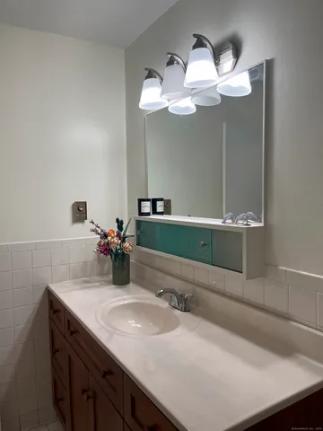 a bathroom with a sink and a mirror