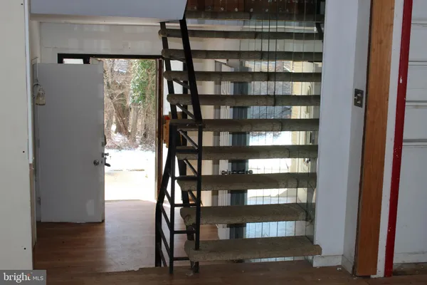 a view of a room with shelves