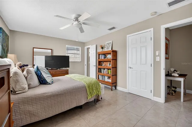 a bedroom with a bed and a television