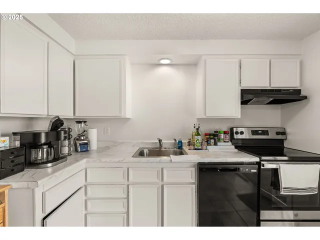 a kitchen with a sink a stove and cabinets