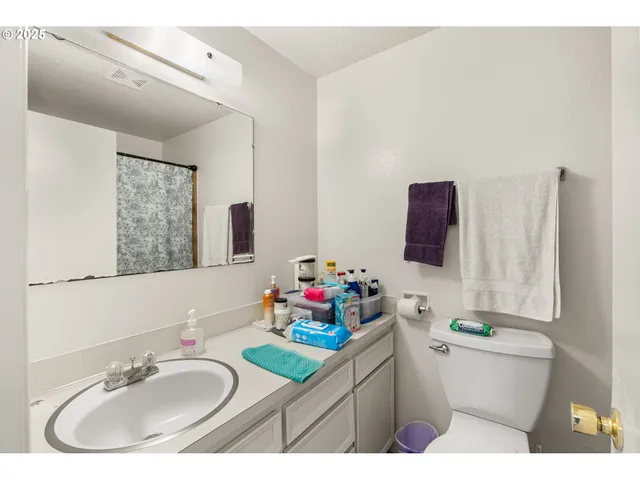 a bathroom with a sink mirror vanity and toilet