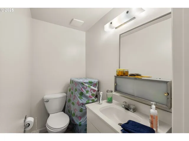 a bathroom with a sink mirror vanity and toilet