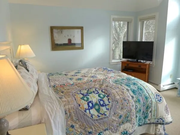 a bedroom with a bed and flat screen tv