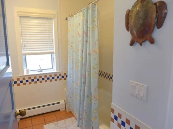 a bathroom with a window and a shower