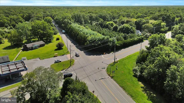 an aerial view of residential houses with outdoor space and trees