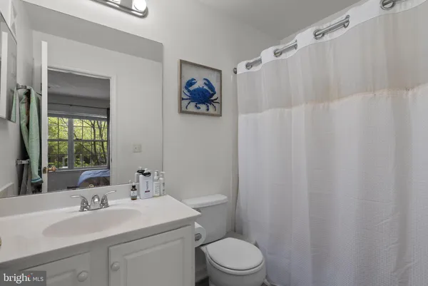 a bathroom with a sink a toilet and shower curtain