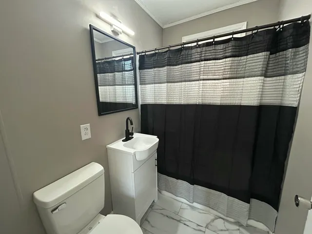 a bathroom with a sink a toilet and shower