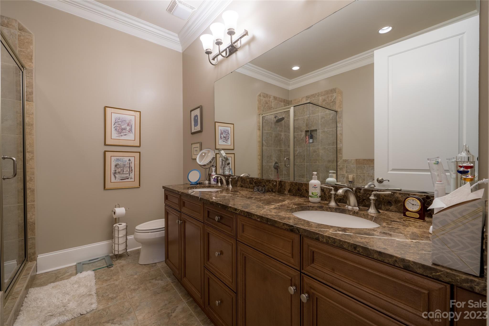 626 Queens Road, Unit 303 Charlotte, NC 28207 - Photo 30 of 41 a bathroom with a granite countertop sink a toilet and a mirror