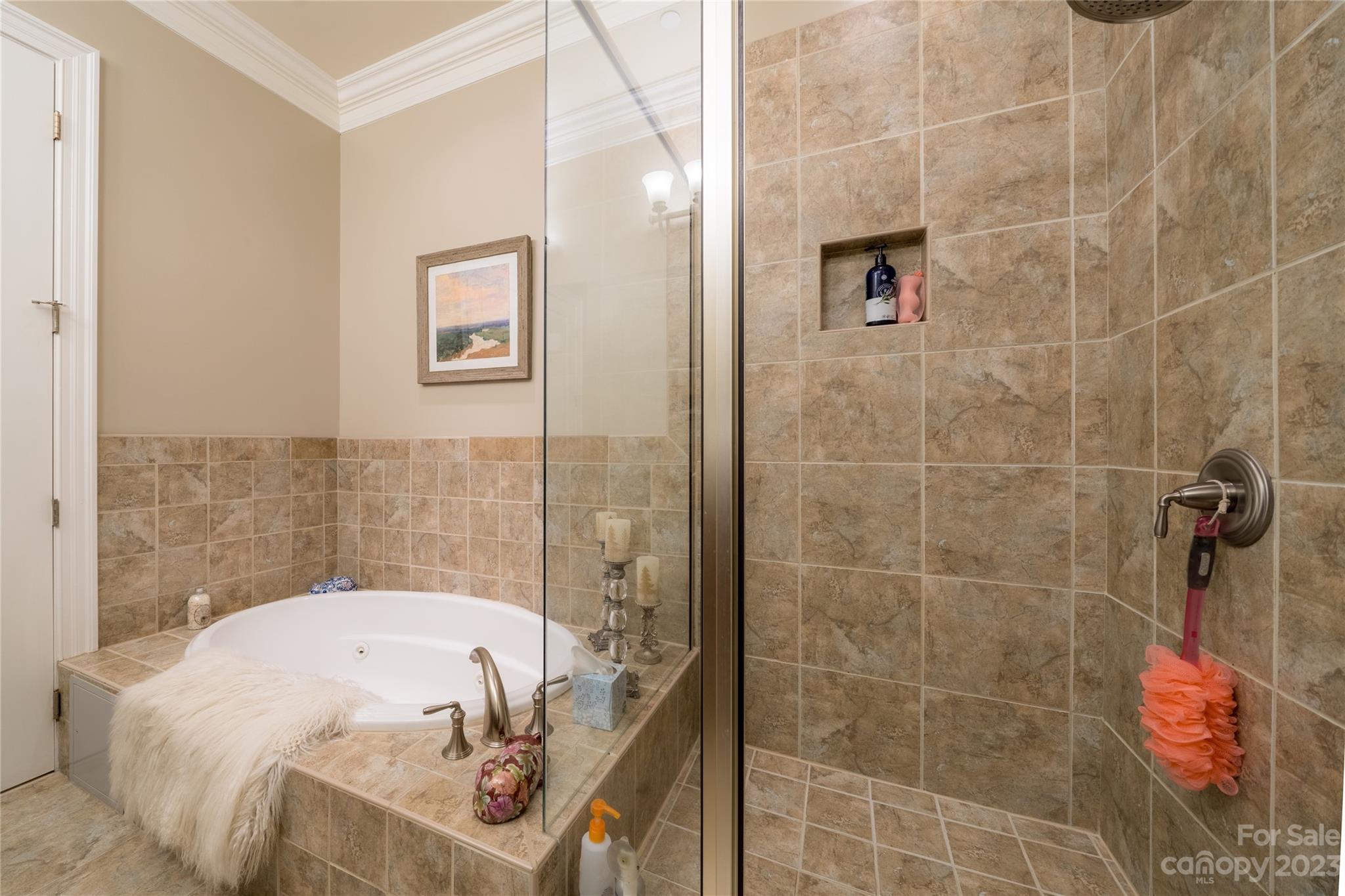 626 Queens Road, Unit 303 Charlotte, NC 28207 - Photo 31 of 41 a bathroom with a granite countertop bathtub next to a shower