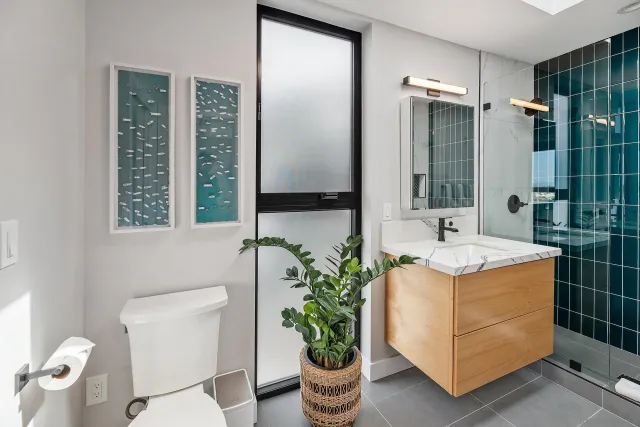 a bathroom with a toilet and a potted plant