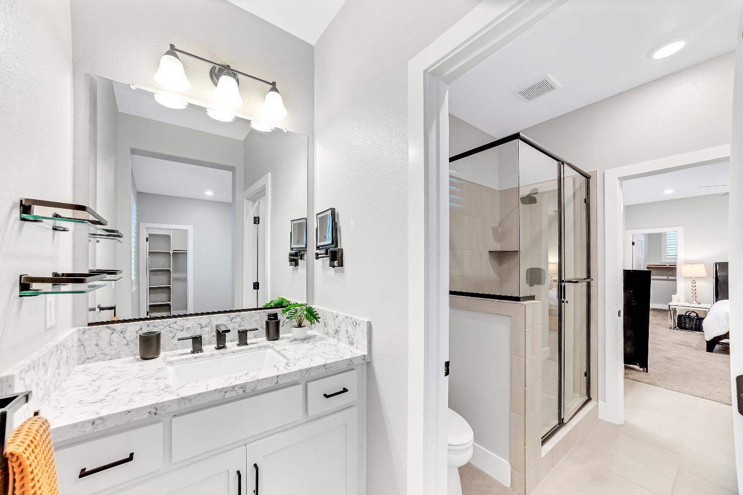 2947 Laredo Drive Rocklin, CA 95765 - Photo 53 of 65 a bathroom with a granite countertop sink mirror and shower
