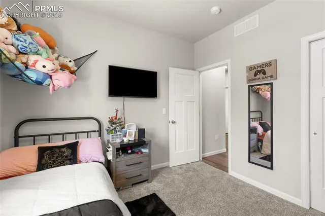 a bedroom with a bed a flat screen tv and a couch