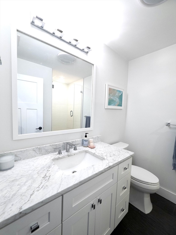 65 Border Street, Unit 4 Boston, MA 02128 - Photo 14 of 15 a bathroom with a granite countertop sink a toilet and a mirror
