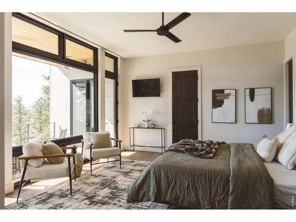 a bedroom with a bed and a large window