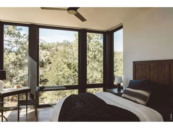 a bedroom with a bed and a large window